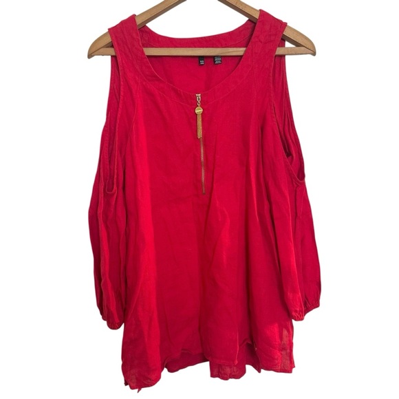 Ellen Tracy womens red Linen cold shoulder short sleeve blouse size Large. - Picture 2 of 8